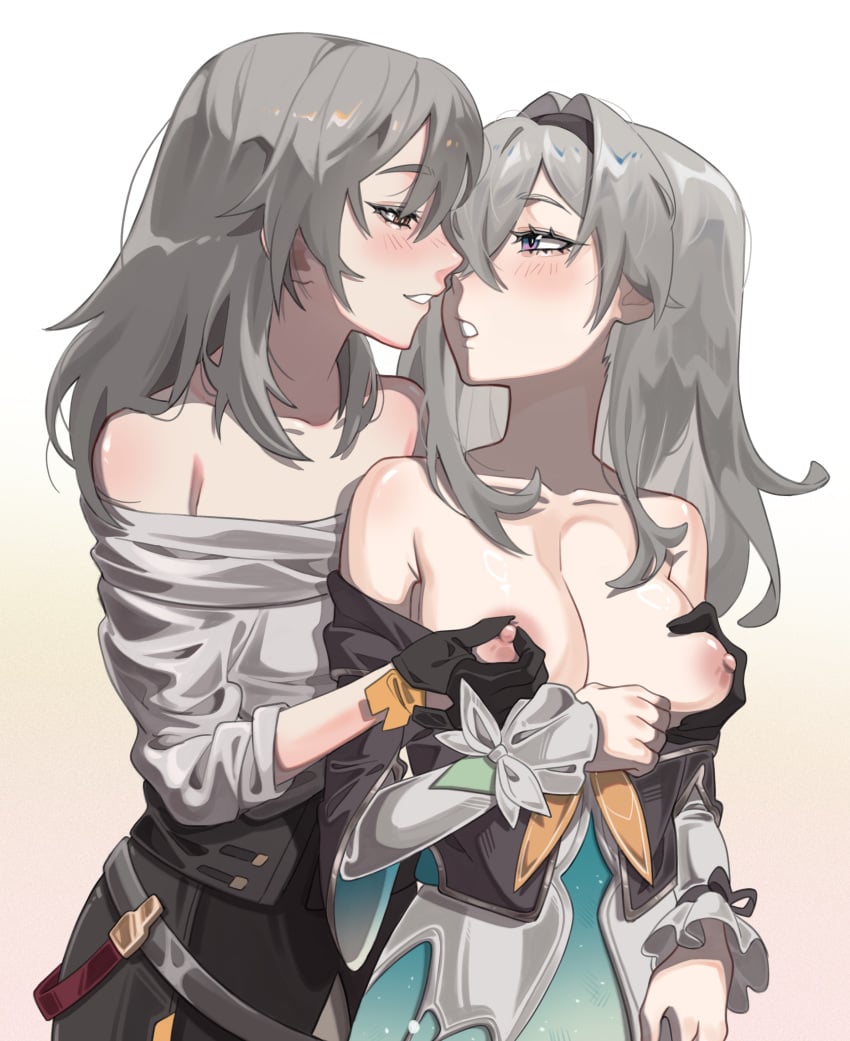 2girls absurdres bare_shoulders black_hairband black_jacket black_skirt breasts firefly_(honkai:_star_rail) glowy_(gloww) grabbing grabbing_another&#039;s_breast gradient_background grey_hair grey_shirt grin hairband highres honkai:_star_rail honkai_(series) jacket long_hair long_sleeves multiple_girls nipples off-shoulder_shirt off_shoulder purple_eyes shirt skirt smile stelle_(honkai:_star_rail) trailblazer_(honkai:_star_rail) upper_body white_background yellow_background yuri