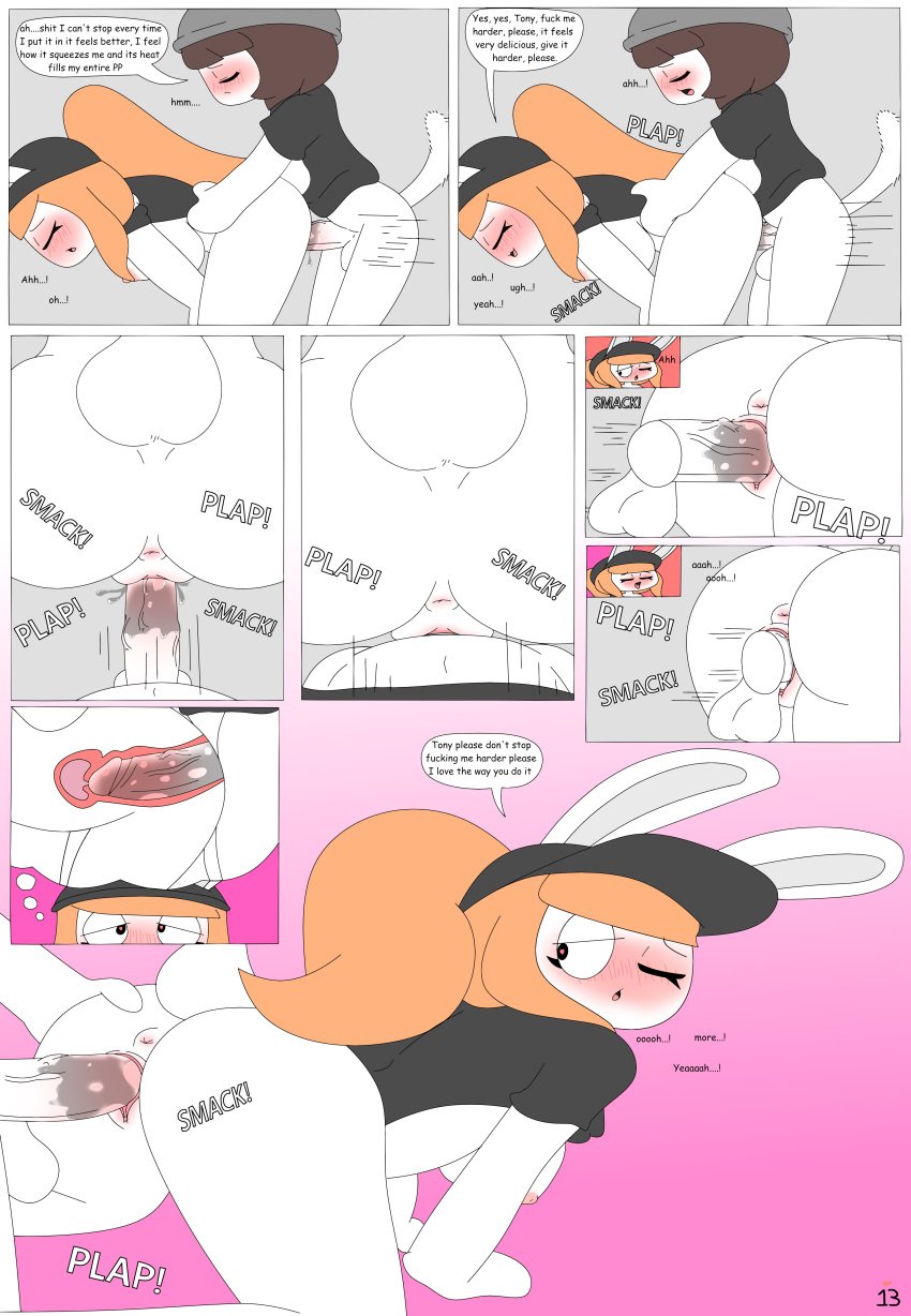 absurd_res anthro anus ass balls big_breasts blush bodily_fluids breasts brown_hair butt_grab chinchilla chinchillid clothing comic dialogue doggy_style duo english_text erection female from_behind_position fur genital_fluids genitals hair hand_on_butt headgear headwear hi_res lagomorph lalo_oliv leporid male male/female mammal nipples nude penetration penile penile_penetration penis penis_in_pussy pussy rabbit rodent sex shirt simple_background tail text tina_(tonytoran) tony_(tonytoran) tonytoran topwear vaginal_penetration x-ray xray_view