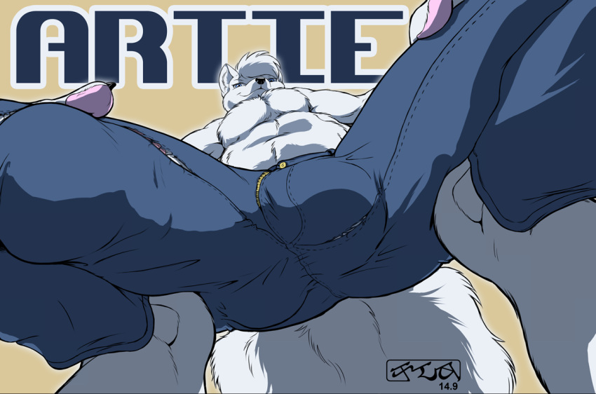 2016 anthro arctic_fox artie balls balls_outline big_balls big_bulge big_penis biped blue_eyes bottomwear bulge canid canine character_name claws clothed clothing crouching denim denim_bottomwear denim_clothing detailed_bulge digital_drawing_(artwork) digital_media_(artwork) feet finger_claws fluffy fluffy_tail fox fur genital_outline genitals hair huge_balls huge_bulge huge_cock humanoid_genitalia humanoid_penis jeans kencougr looming low-angle_view male mammal pants paws penis penis_outline plantigrade raised_heel signature simple_background smile solo tail topless topless_anthro topless_male torn_bottomwear torn_clothing true_fox white_body white_fur white_hair worm's-eye_view