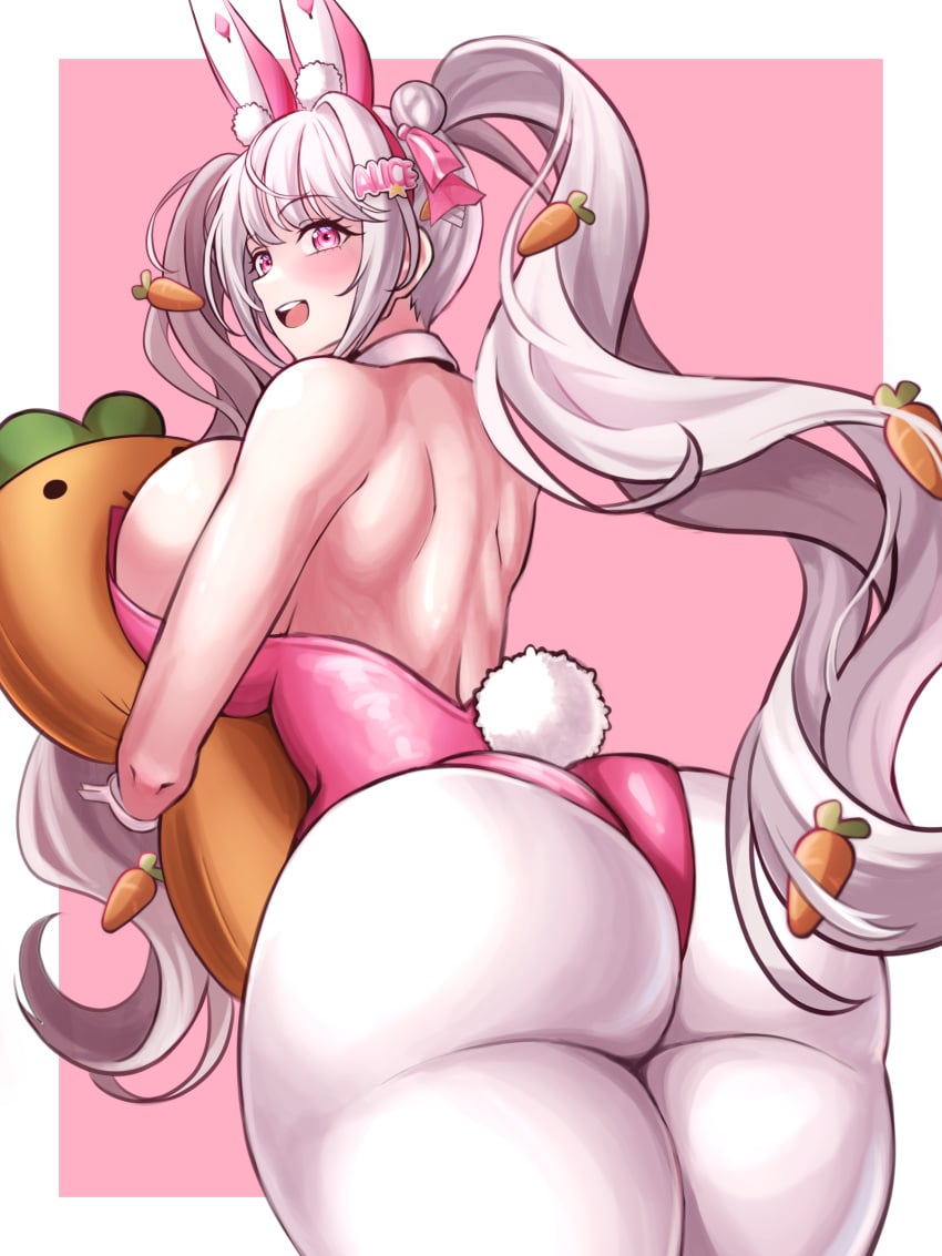 1girls alice_(nikke) alice_(wonderland_bunny)_(nikke) ass ass_focus blush breast_press bunny_ears bunnysuit female_only goddess_of_victory:_nikke huge_ass large_breasts open_mouth pink_eyes sideboob simple_background thick_thighs twintails upper_teeth white_hair wide_hips