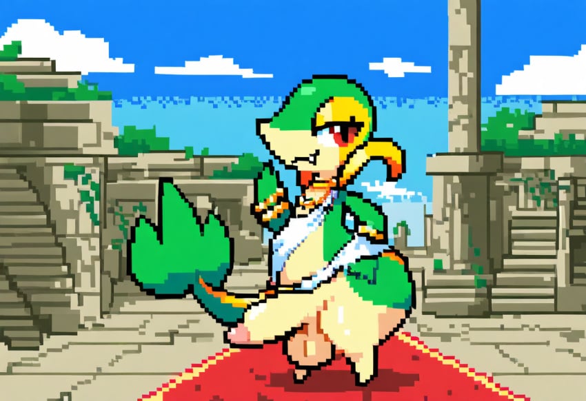 ai_generated anthro cloud day detailed_background digital_media_(artwork) femboy feral generation_5_pokemon hellsonger hi_res leaf_tail nintendo outside pixel_(artwork) plant pokemon pokemon_(species) red_eyes reptile scalie sky smile snivy solo toga