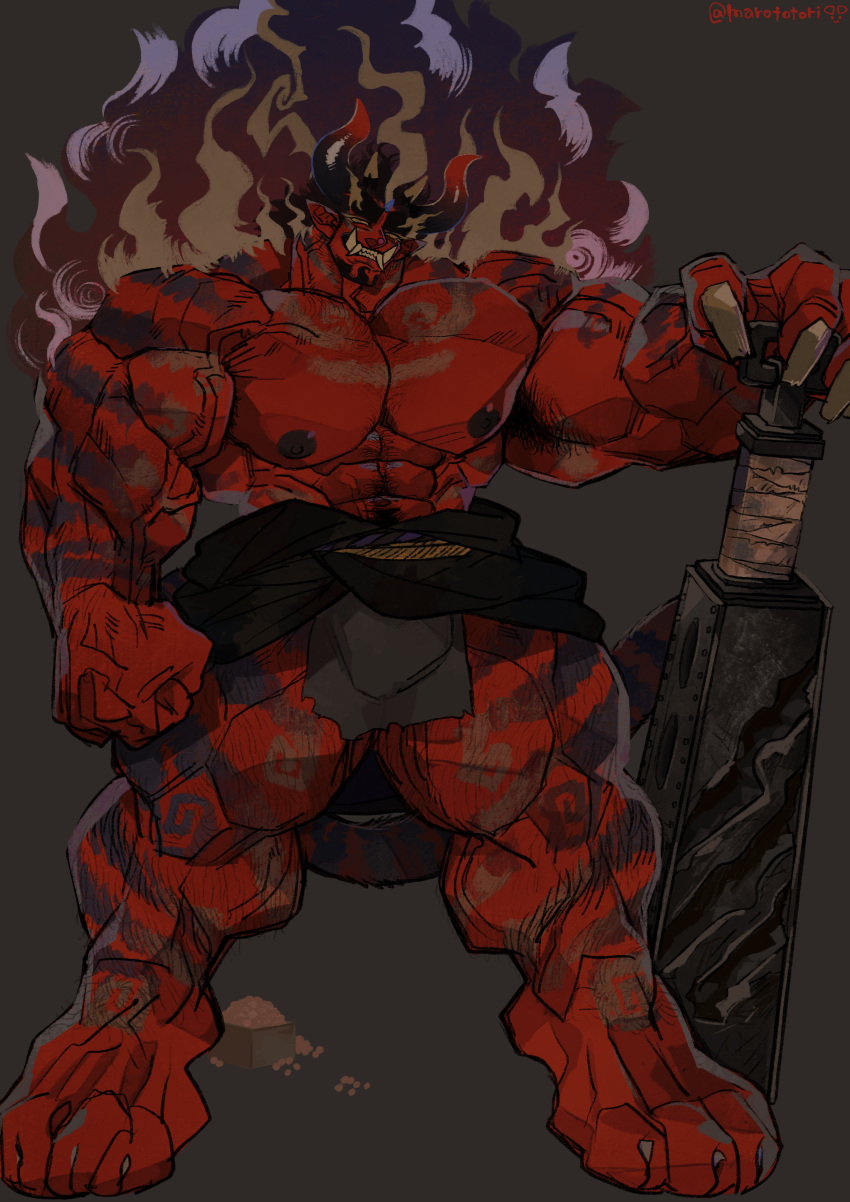 balls bara big_balls big_muscles big_penis body_markings bulge club_(weapon) demon flaccid horns loincloth male male_only marototori muscles muscular oni penis red_body red_skin solo solo_male