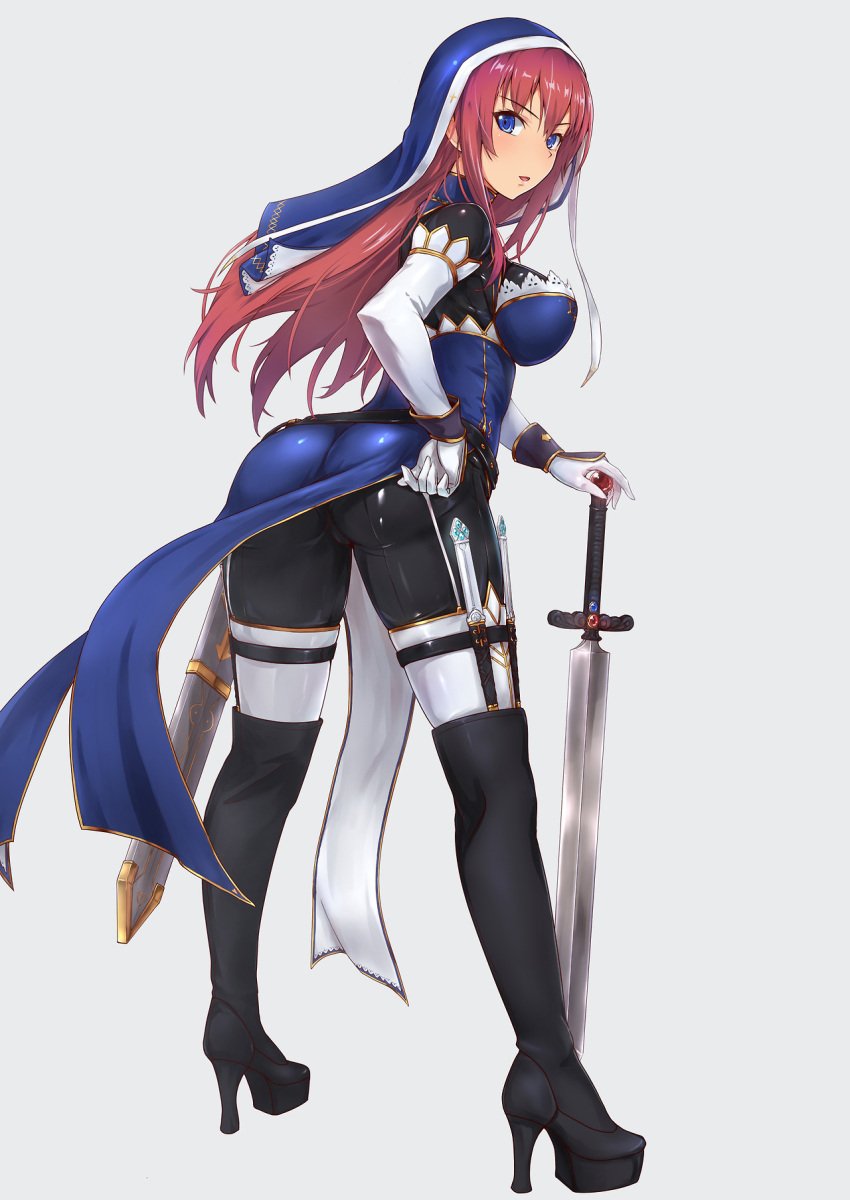 1girls blue_eyes high_heels large_breasts latex nun nun's_habit sword toriatto_gununu