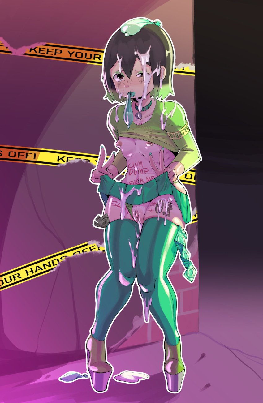 1girls box_chan collar condoms cum_on_body eizouken_ni_wa_te_wo_dasu_na! green_clothing green_eyeshadow high_heels keep_your_hands_off_eizouken midori_asakusa money peace_sign prostitution slutty_outfit writing_on_body