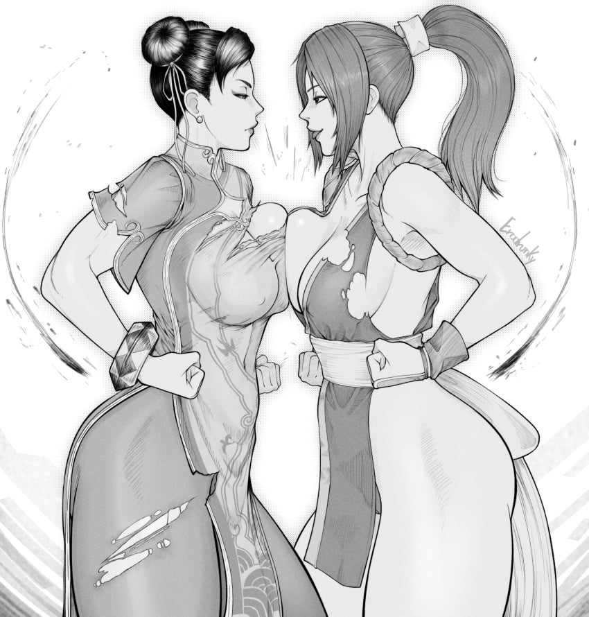 2girls boob_squish boobs breasts_pressed_together capcom capcom_vs_snk catfight chun-li clothed crossover death_battle erodrunky fatal_fury female female_only fight fighting fighting_stance human king_of_fighters lesseinsanimer mai_shiranui monochrome multiple_girls snk staredown street_fighter street_fighter_6