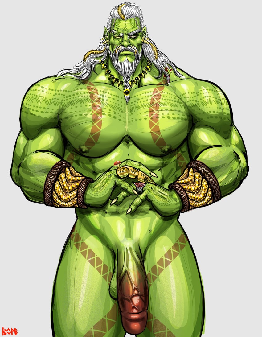 2023 abs absurd_res barazoku biceps big_muscles big_penis bopehol genitals gold_(metal) gold_jewelry green_body green_skin hair hi_res huge_cock humanoid humanoid_genitalia humanoid_penis jewelry looking_at_viewer male male_only mature_humanoid mature_male muscular muscular_humanoid muscular_male nails orc orc_male pecs penis sharp_nails solo solo_male tribal vein veiny_penis white_hair