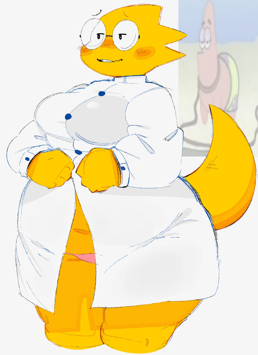 1girls alphys big_breasts bottomless buttons chubby_female fat_breasts female_only female_penetrated labcoat lustful_gaze nickelodeon panties patrick_star pink_panties spinarooz spongebob_reference spongebob_squarepants tagme toby_fox undertale undertale_(series)