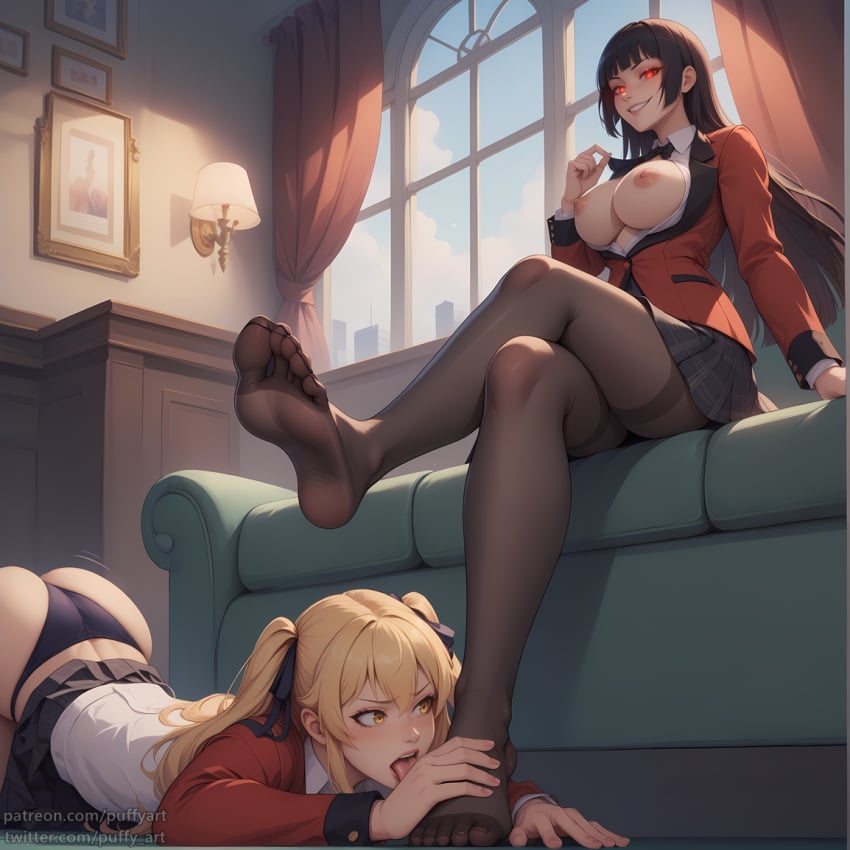 2girls ai_generated ass big_ass big_breasts breasts dominatrix feet femdom foot_fetish foot_lick gambling jabami_yumeko kakegurui losing_bet pantyhose puffyart saotome_meari sitting submissive submissive_female tongue tongue_out top-down_bottom-up