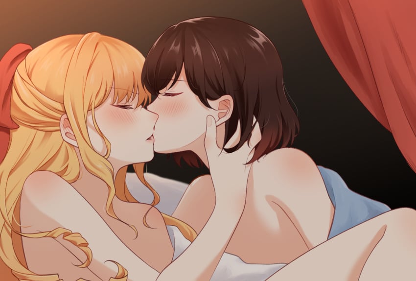 2girls blonde_hair brown_hair canon_couple claire_francois closed_eyes cropped cropped_image drill_hair female female/female female_focus female_only lesbian_couple lesbian_kiss lesbian_sex long_hair making_out multiple_girls naked rae_taylor red_bow romantic romantic_ambiance romantic_couple romantic_sex short_hair watashi_no_oshi_wa_akuyaku_reijou yuri