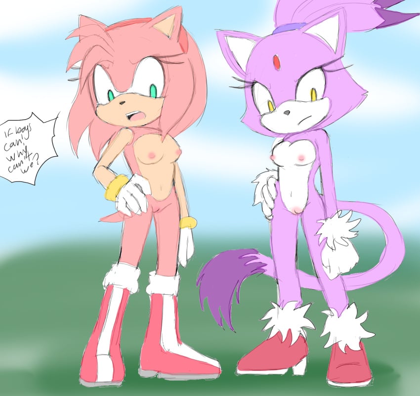 2girls amy_rose angelofhapiness blaze_the_cat boobs boots breasts casual_exposure casual_nudity clothing dialogue dipstick_tail duo eulipotyphlan felid feline female female_only footwear forehead_gem fur gem genitals girls girls_only gloves green_eyes handwear hedgehog hi_res mammal markings naked nipples nude nudity only_female pink_body pink_fur public public_nudity purple_body purple_fur pussy sega sonic_(series) sonic_the_hedgehog_(series) tail tail_markings vagina white_body white_fur yellow_eyes