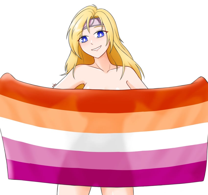 1girls bare_shoulders bare_thighs blonde_hair blue_eyes breasts collarbone completely_nude enbu female female_only fire_emblem fire_emblem:_radiant_dawn flag flashing grin headband heather_(fire_emblem) holding holding_flag large_breasts lesbian_pride_colors looking_at_viewer naked_flag nintendo nude nude_female pride see-through shoulders silhouette smile solo thighs white_background yellow_hair yuri