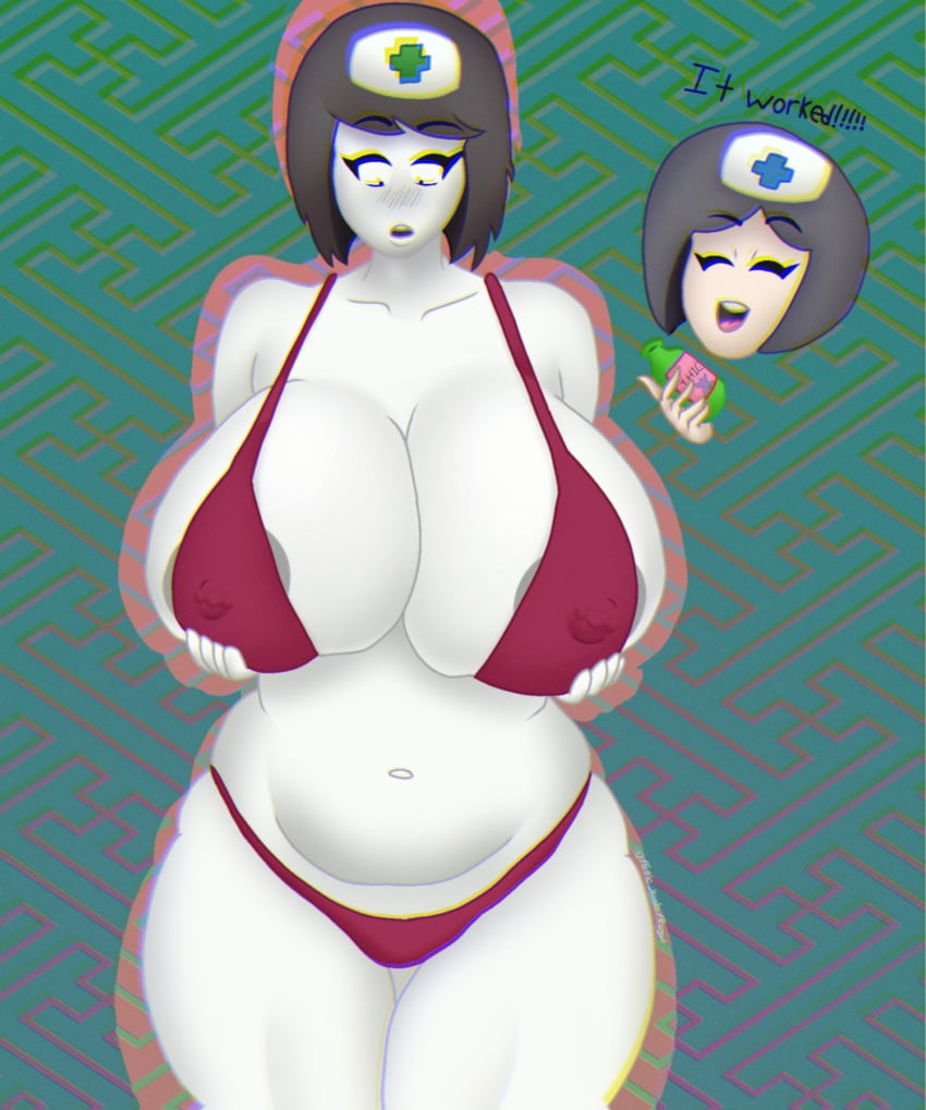 absurdres bikini black_hair blush breasts chromatic_aberration chubby chubby_female cleavage closed_eyes colored_skin covered_nipples curvy expansion female hat hi_res huge_breasts implied_expansion implied_transformation mona_(doctorloops) navel nurse_cap pale_skin plump rogue_(artist) self_upload short_hair swimsuit thick_thighs thighs veronica_(doctorloops) veronica_and_mona white_skin wide_hips