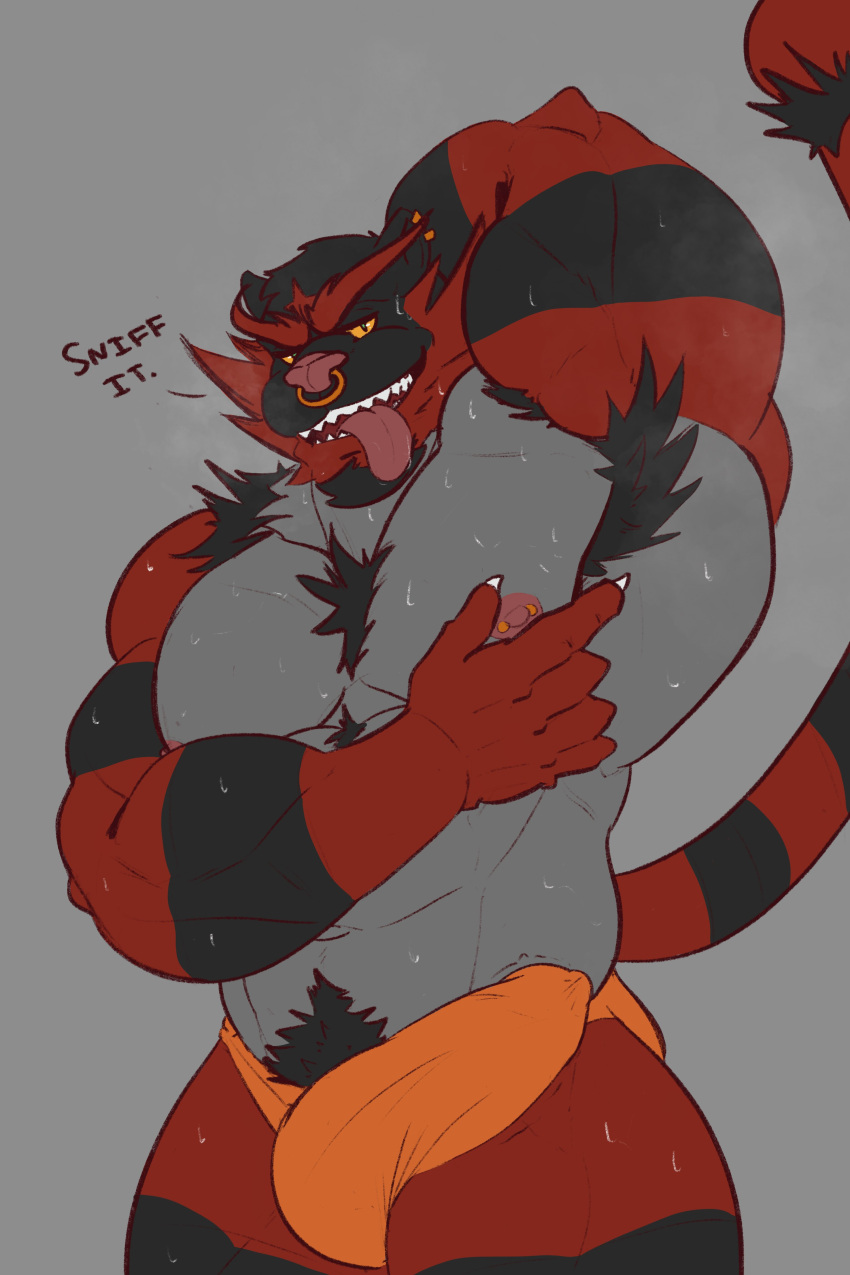 absurd_res anthro armpit_hair armpit_musk bare_shoulders bodily_fluids body_hair briefs bulge chest_tuft clothed clothing darkbearcave detailed_bulge facial_piercing felid feline generation_7_pokemon genital_outline gesture hand_gesture hi_res incineroar male male_only mammal markings muscular muscular_anthro muscular_male musk nintendo nipple_piercing nipples nose_piercing nose_ring pantherine penis_outline piercing pointing pointing_at_self pokemon pokemon_(species) raised_arm ring_piercing simple_background solo striped_body striped_markings striped_tail stripes sweat tail tail_markings tiger tongue tongue_out tuft underwear underwear_only yellow_sclera