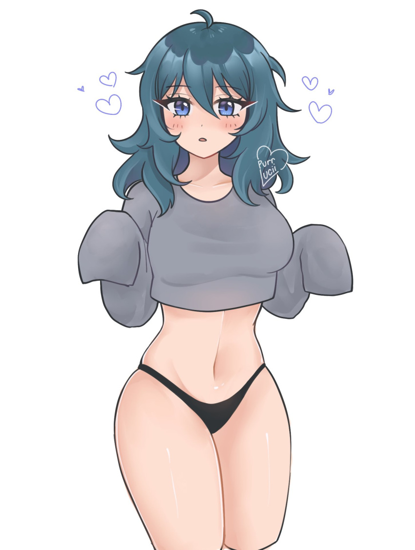 1girls ahoge black_panties blue_eyes blue_hair breasts byleth_(fire_emblem) byleth_(fire_emblem)_(female) crop_top fire_emblem fire_emblem:_three_houses grey_shirt heart large_breasts long_hair long_sleeves midriff navel panties purrlucii shirt simple_background sleeves_past_fingers sleeves_past_wrists solo standing stomach thighs underwear white_background