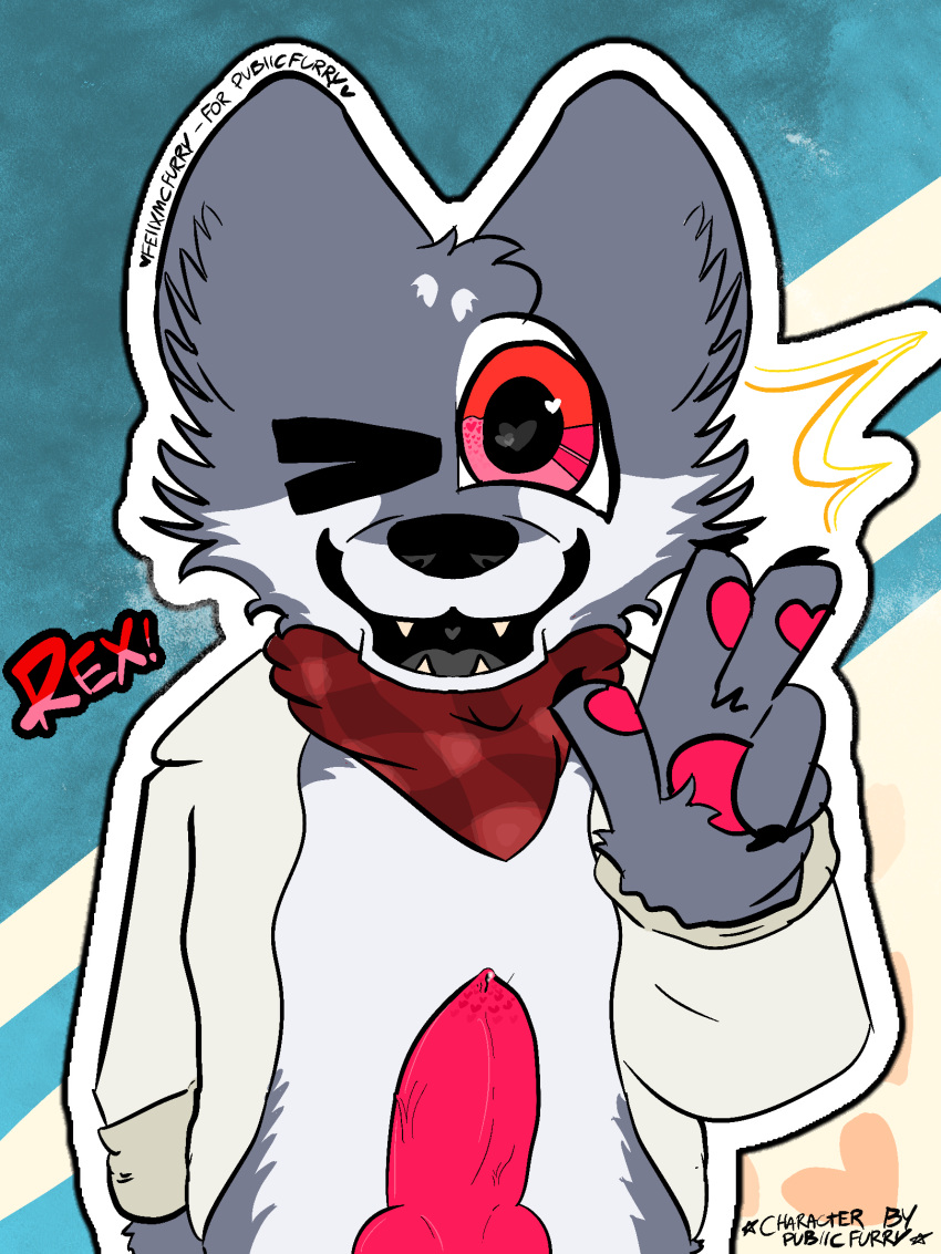 animal_genitalia animal_penis anthro anthro_only bandana cute cute_fangs digital_drawing_(artwork) digital_media_(artwork) fangs felixmcfurry folf furry furry_only gift_art grey_fur heart_paws hearts_in_eyes hybrid jacket jacket_open knot male male_only peace_sign plaid plaid_bandana rex(publicfurry) sfw_version_available solo solo_male v_sign veins