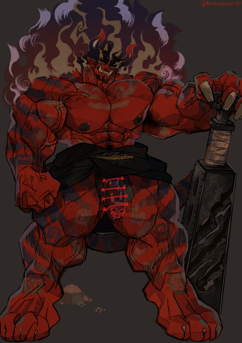 balls bara big_balls big_muscles big_penis body_markings club_(weapon) demon flaccid horns male male_only marototori muscles muscular oni penis red_body red_skin solo solo_male