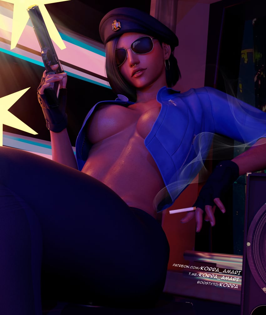 aviator_sunglasses black_body blender blender3d blender_(artwork) blender_cycles blizzard_entertainment breasts casino cop female female_focus fit fit_female gta_online_female_character gta_v gun korra_amari lighting nsfw overwatch overwatch_2 pharah pistol police police_officer police_uniform policewoman sfw short_hair sunglasses tinted_eyewear weapon wearing_glasses