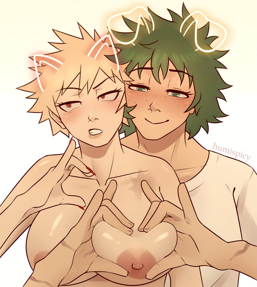 1boy 1girls bakugou_katsuki blonde_hair blush crossgender female female_bakugou genderswap green_hair_male heart_nipples heart_symbol high_res humispicy izuku_midoriya katsuki_bakugou lipstick midoriya_izuku my_hero_academia nails rule_63 soft_breasts