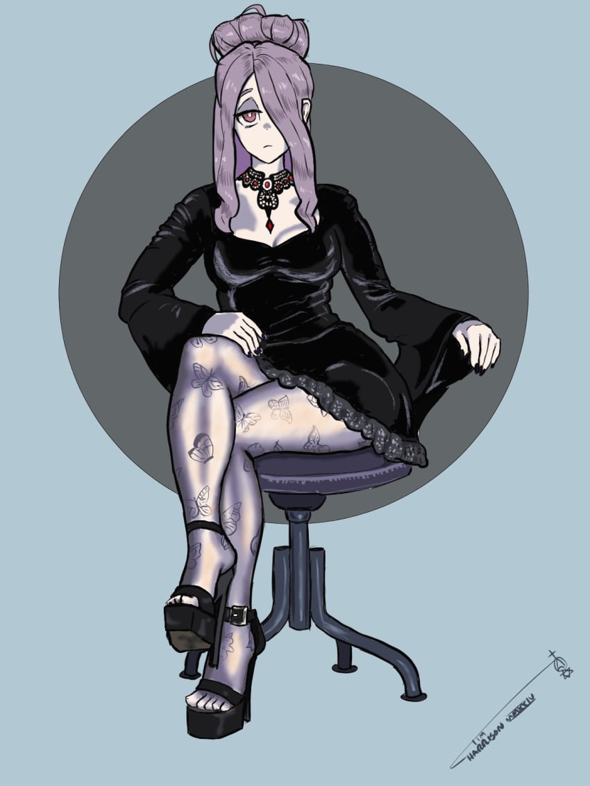 1girls artist_signature black_dress butterfly dress grey_skin hair_over_one_eye high_heels ironsiderodger legs little_witch_academia necklace nylons open_toe_shoes pattern_legwear purple_hair red_eyes short_dress sitting sucy_manbavaran