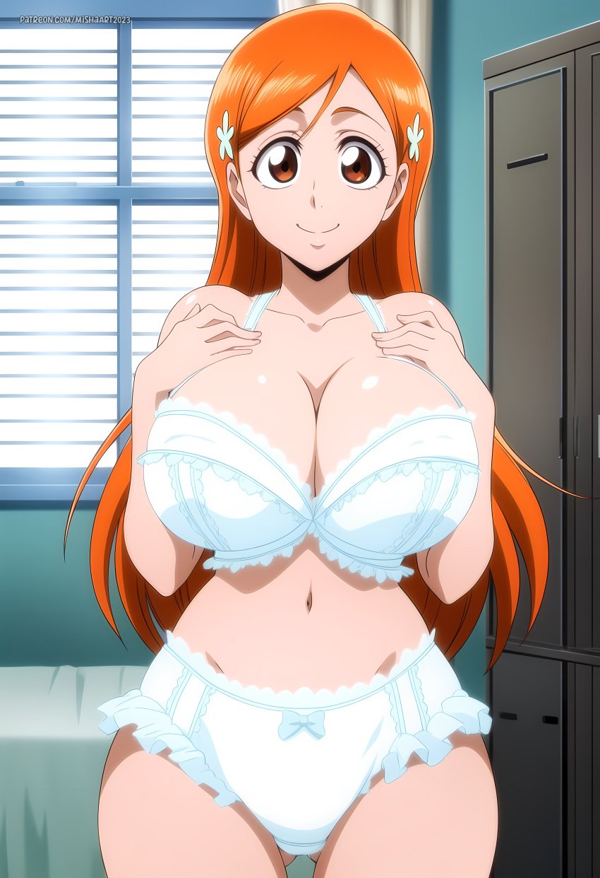 1girls ai_generated anime_style artist_name bangs bedroom big_breasts bleach blush bra breasts busty cleavage female female_focus flower flower_in_hair hair_ornament hairpin hourglass_figure huge_breasts indoors inoue_orihime large_breasts light-skinned_female light_skin lingerie lingerie_bra lingerie_panties long_hair midriff mishaart2023 nai_diffusion oppai orange_hair pale-skinned_female pale_skin panties parted_bangs patreon_username slim_waist solo stable_diffusion submissive_pose text underwear upper_body url very_long_hair watermark web_address white_lingerie white_skin wide_hips