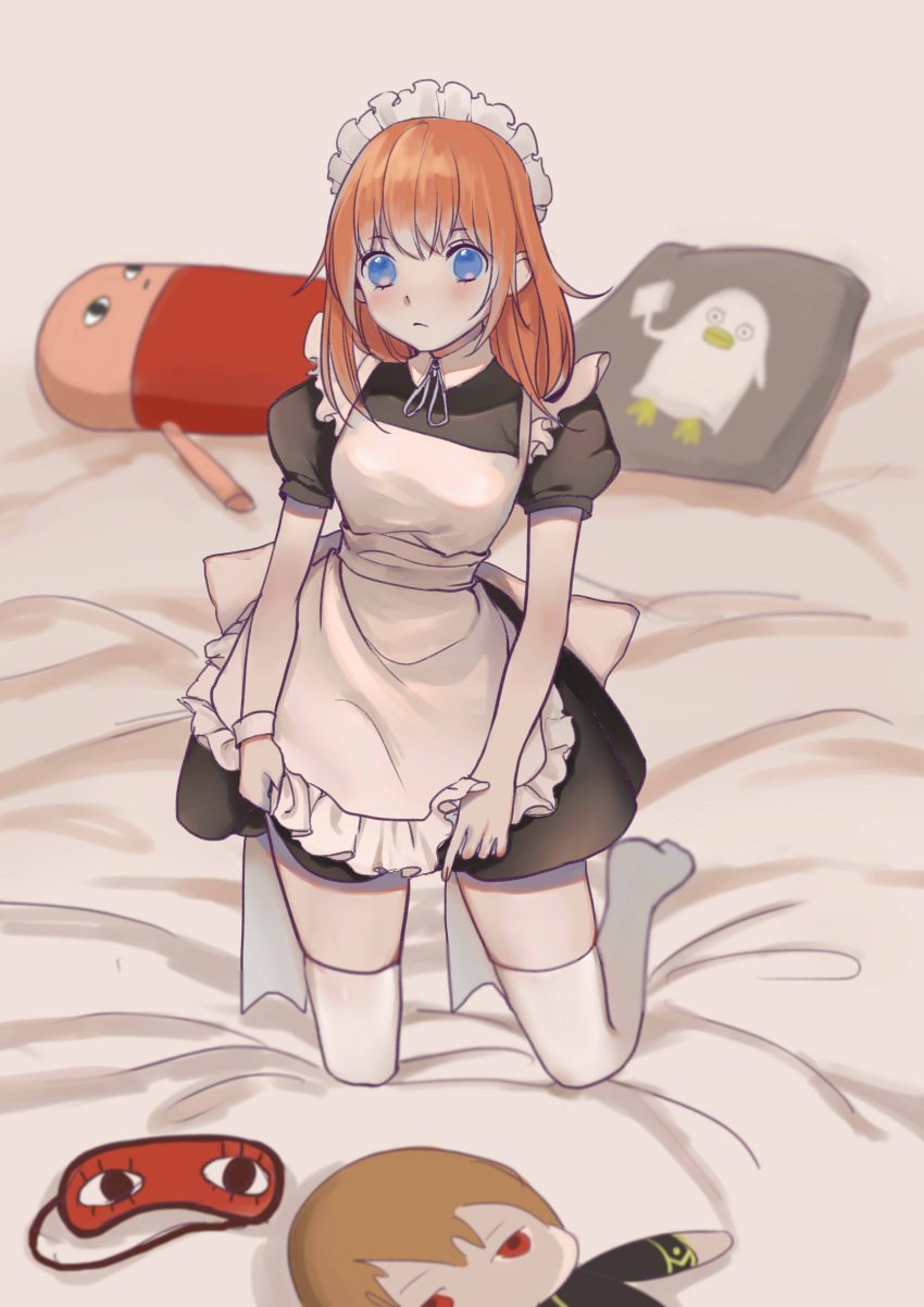 alternate_costume blue_eyes elizabeth_(gintama) female female_only full_body fully_clothed gintama hair_down justaway kagura_(gintama) kneeling looking_at_viewer maid maid_headdress maid_uniform maker_(pixiv) medium_hair not_porn okita_sougo orange_hair pale-skinned_female pale_skin plushie safe safe_for_work sfw solo thighhighs white_legwear white_thighhighs zettai_ryouiki