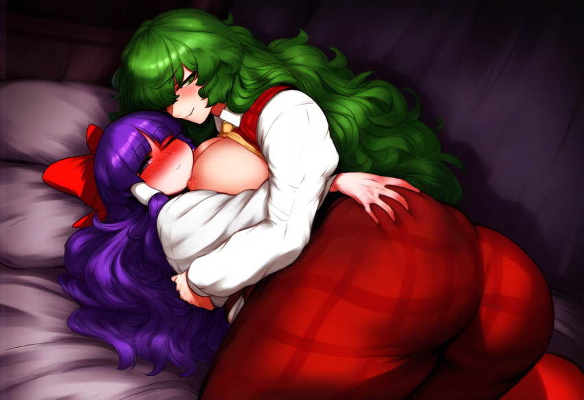 2girls age_difference ai_generated ass ass_grab bed bedroom bent_over blush blushing_profusely breasts evil_smile face_between_breasts from_side green_eyes green_hair height_difference hug huge_ass indoors large_breasts long_hair looking_at_viewer nai_diffusion nipples ohhai223 on_bed one_eye_closed open_shirt plaid_pants purple_eyes purple_hair red_bow red_pants reimu_hakurei seductive_look seductive_smile self_upload smile touhou touhou_(pc-98) yuka_kazami yuri yuuka_kazami