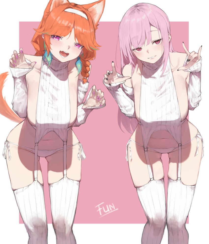 2girls :d absurdres animal_ears black_nails breasts detached_sleeves extra_ears highres hololive hololive_english large_breasts leaning_forward long_hair long_sleeves meme_attire mori_calliope multiple_girls open_mouth orange_hair panties parted_lips pink_hair pink_nails purple_eyes red_eyes side-tie_panties signature simple_background smile standing sweater tail takamori_(hololive) takanashi_kiara theflatfacadeds thighhighs underwear virgin_destroyer_sweater virtual_youtuber white_panties white_sweater white_thighhighs