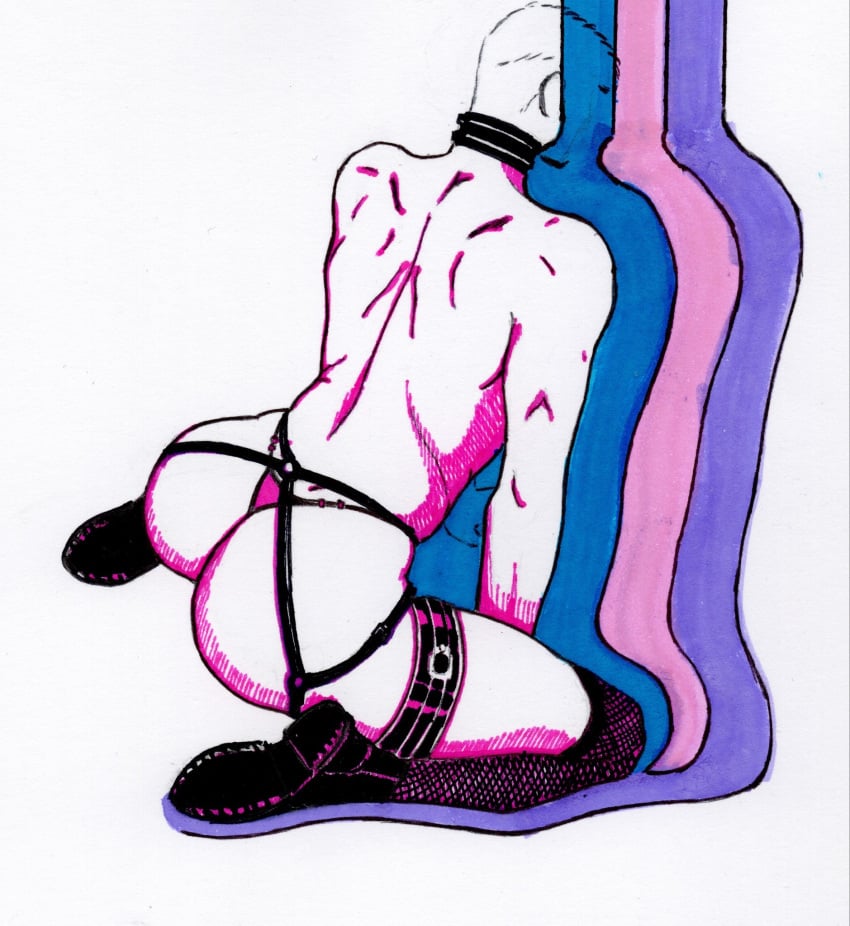 1boy 2023 abstract abstract_art ass back bubble_butt collar femboy fishnet_kneesocks fishnets kneesocks male male_focus male_only muscular original original_character plump_ass shoes skimpy solo solo_focus solo_male spidercatnoir thong toned_femboy underwear