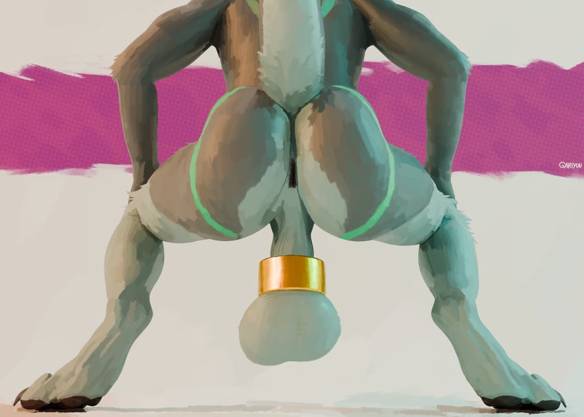 2024 anthro anus artist_name ass ball_stretcher balls big_balls claws countershade_butt countershade_legs countershading crouching digital_media_(artwork) digital_painting_(artwork) digitigrade faceless_character faceless_male gariyuu_(artist) genitals green_markings hi_res kroren_(kroren) male male_only markings nude pawpads raised_tail rear_view saggy_balls sergal simple_background solo tail toe_claws white_balls