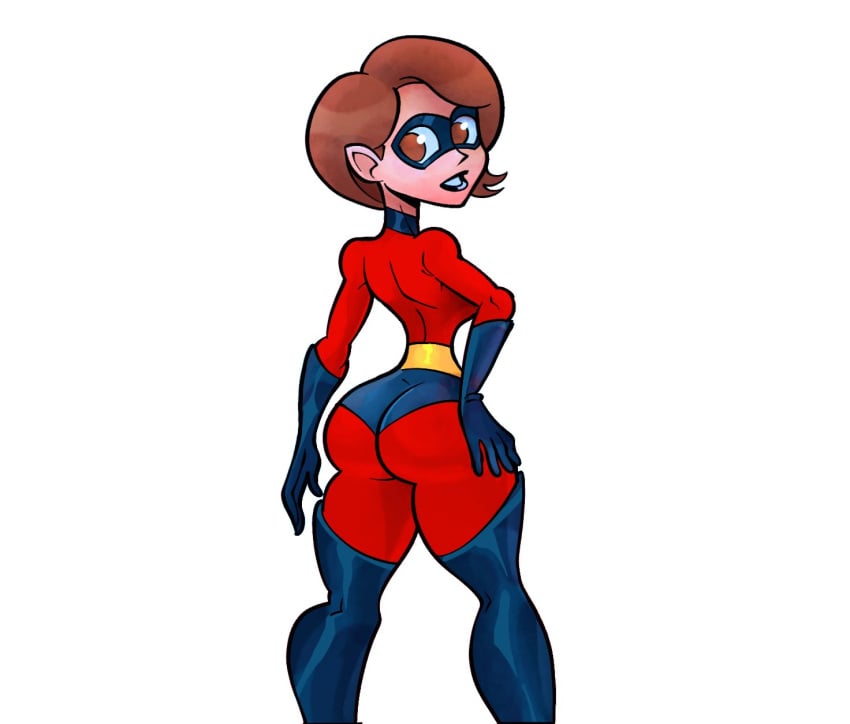 ass back_view black_lipstick bodysuit boots brown_hair daltrinador gloves hand_on_hip helen_parr looking_back mask short_hair skin_tight tagme the_incredibles thick_thighs white_background wide_hips