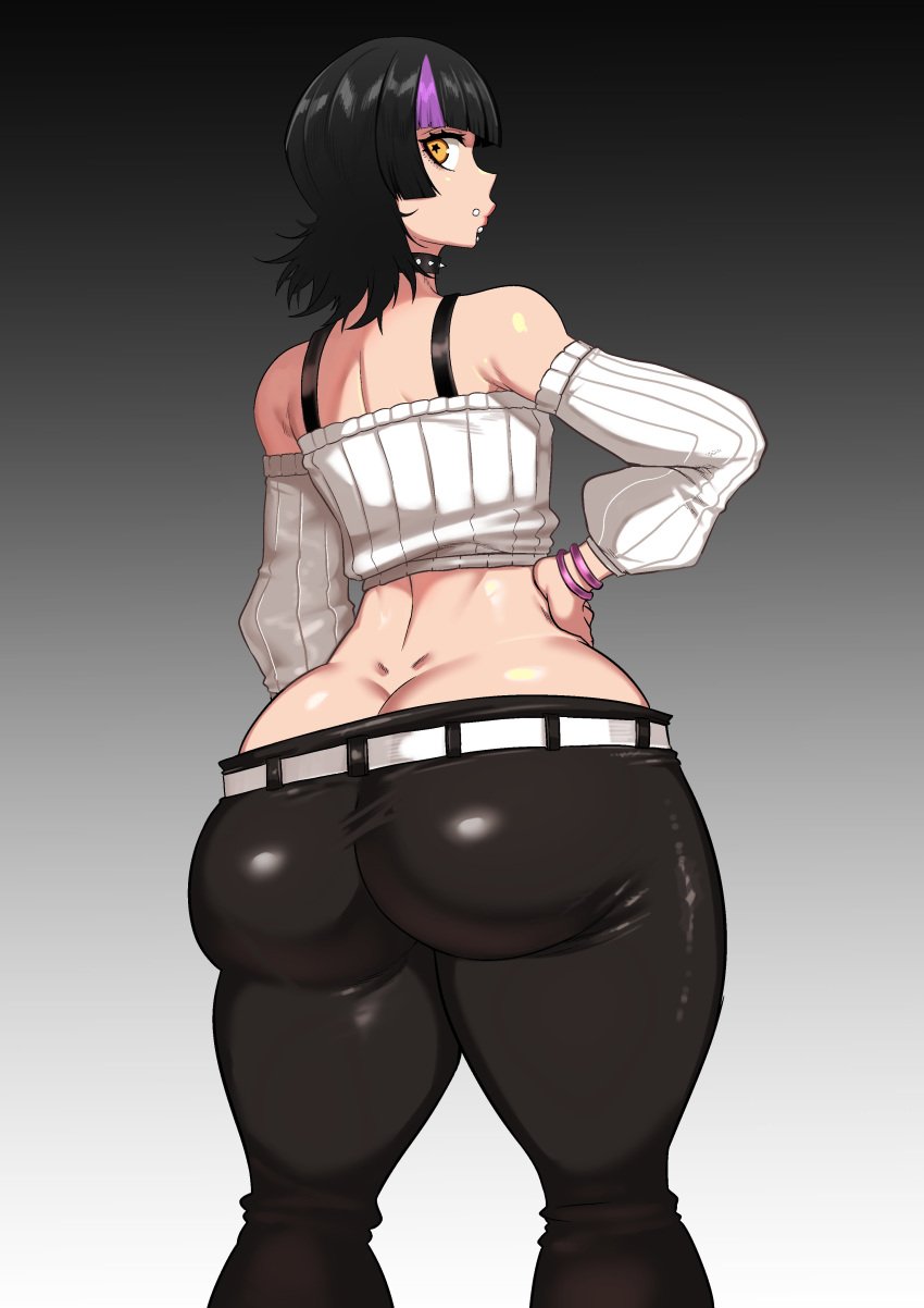 1boy ass ass_focus black_hair bubble_ass bubble_butt green_(artist) hoshi_kirara jujutsu_kaisen large_ass large_butt looking_at_viewer looking_back piercing pink_hair presenting presenting_hindquarters two_tone_hair