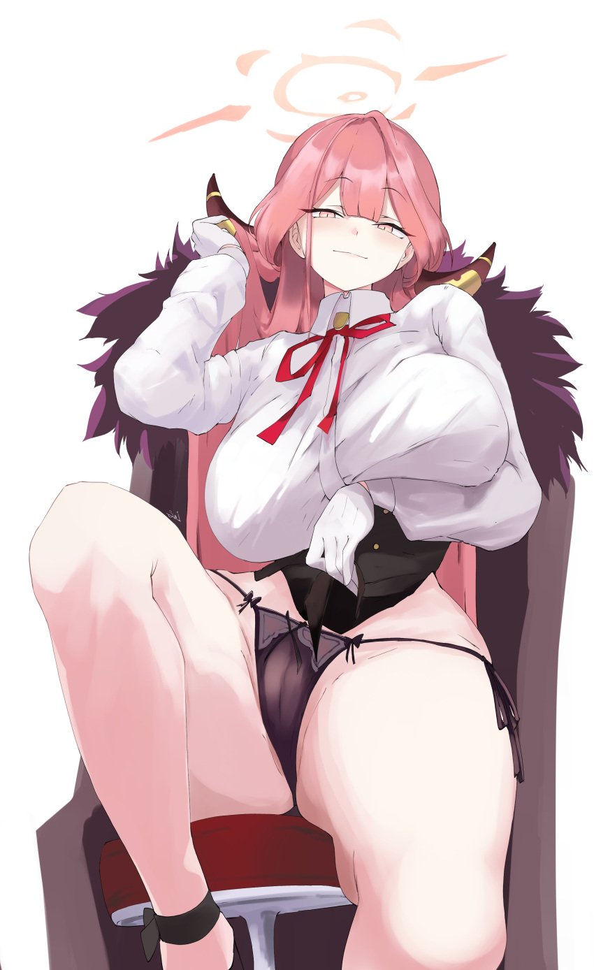 absurdres aru_(blue_archive) black_panties blue_archive breasts brown_coat brown_horns cameltoe clothes_lift coat coat_on_shoulders commentary_request demon_horns female fur-trimmed_coat fur_trim gloves half-closed_eyes halo highres horns huge_breasts kasumi_saika knee_up lace lace_panties long_hair long_sleeves looking_at_viewer orange_halo panties pink_hair pink_halo seductive_smile shirt side-tie_panties simple_background sitting skirt skirt_lift smile solo string_panties thighs underwear white_background white_gloves white_shirt