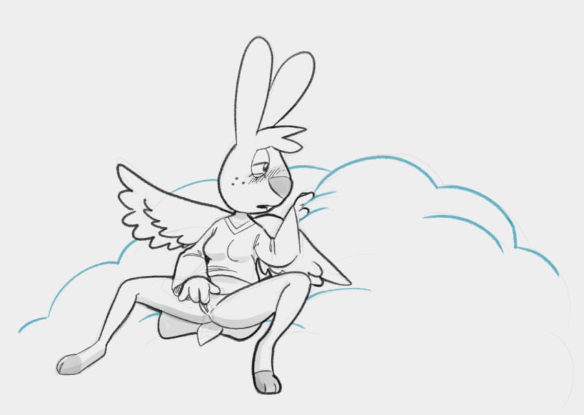 angel_gabby angel_hare anthro blush clothed clothing cloud female genitals lagomorph leporid mammal masturbation monochrome partially_clothed pussy rabbit simple_background snickcola solo the_east_patch