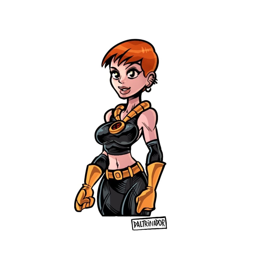 bare_shoulders belt breasts crop_top daltrinador earrings gloves jean_grey leggings marvel orange_hair piercings short_hair smile tagme tight_clothing ultimate_jean_grey ultimate_x-men voluptuous x-men