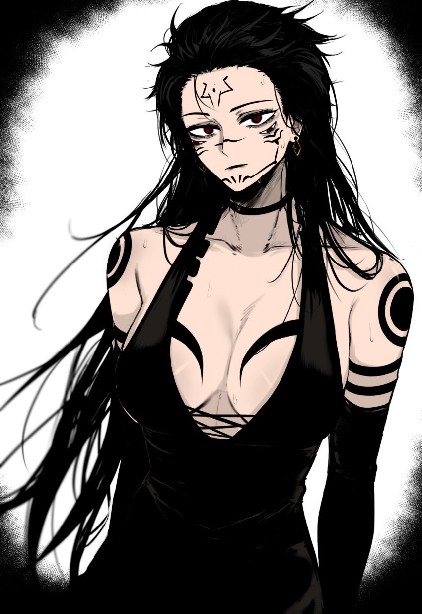 black_hair black_lipstick breasts cleavage colored edit edited female_version gold_earrings jujutsu_kaisen long_hair masoq095 ryoumen_sukuna_(jujutsu_kaisen) tattoos transparent_clothing