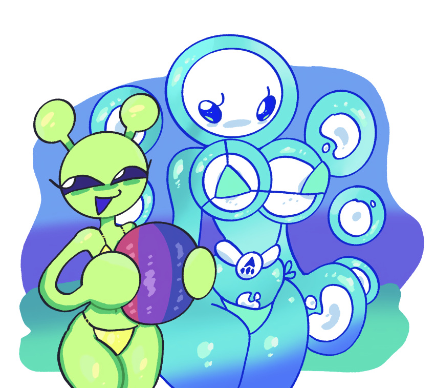 2girls alien alien_girl antennae beach_ball bikini boba_(mschaox6) female_only flat_chest flat_chested hips lunabella_(mschaox6) mschaox6 oc original original_character original_characters shiny_skin slimey