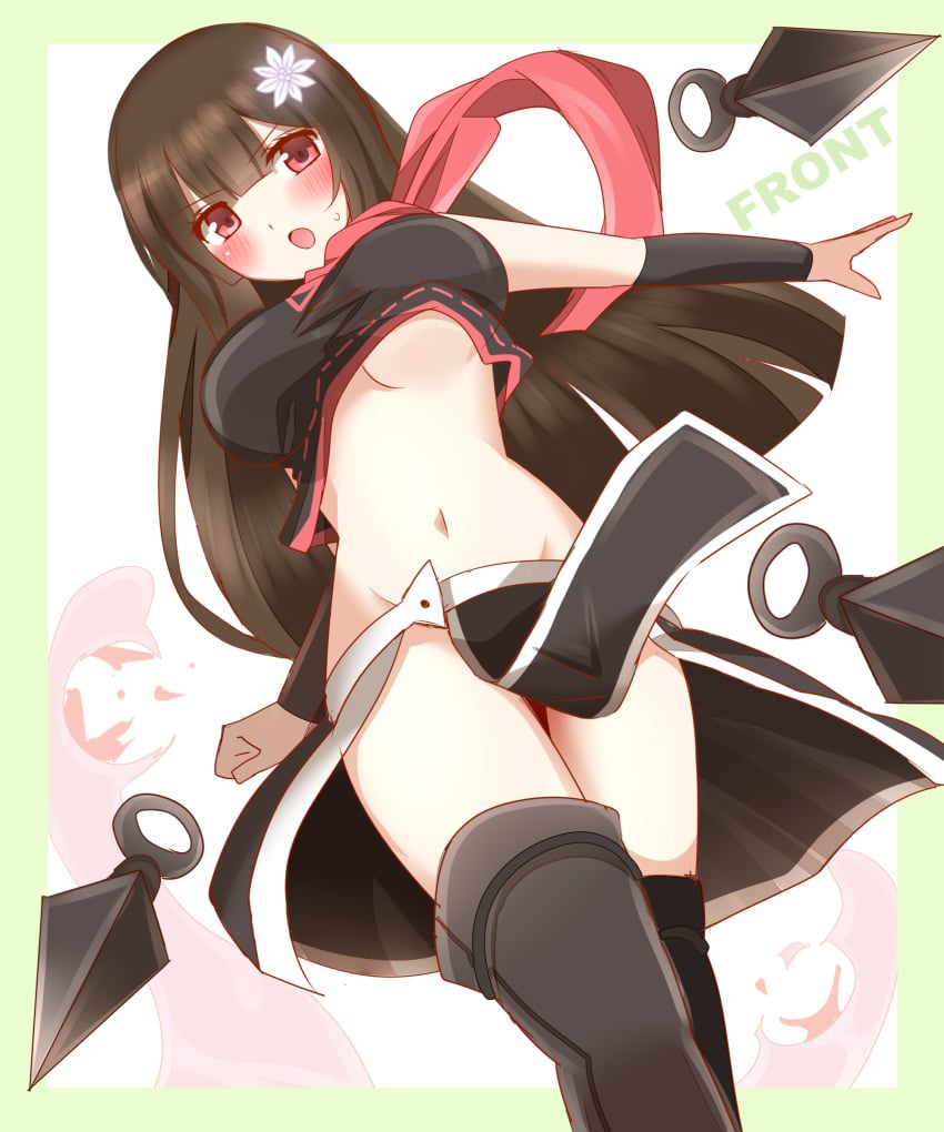 big_breasts breasts clothed kunoichi ninja no_bra non(artist) original original_character scarf skirt thighhighs