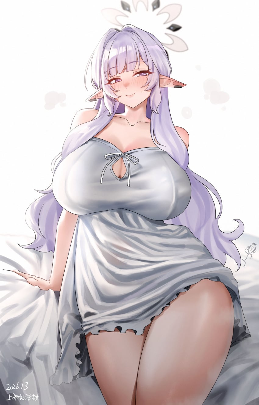 1girl aged_up big_ass big_breasts blue_archive blush himari_(blue_archive) huge_breasts mole_under_eye pointy_ears shangdi_de_fa_zhang solo solo_female thick_thighs