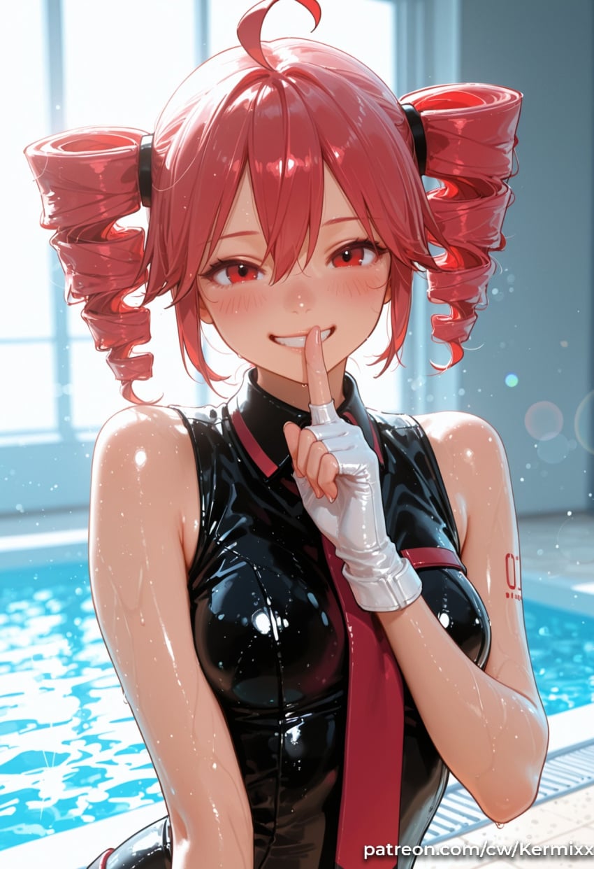 1girl ahoge ai_generated arm_tattoo backlighting bare_arms bare_shoulders black_shirt blurry blurry_background blush breasts collared_shirt drill_hair finger_to_mouth fingerless_gloves gloves grin hair_between_eyes hand_up index_finger_raised indoors kasane_teto kermixx lens_flare looking_at_viewer medium_breasts necktie pool poolside red_eyes red_hair red_necktie shiny_clothes shirt shoulder_tattoo shushing sleeveless sleeveless_shirt smile solo tattoo twin_drills twintails upper_body vocaloid water wet wet_clothes wet_hair wet_swimsuit white_gloves window
