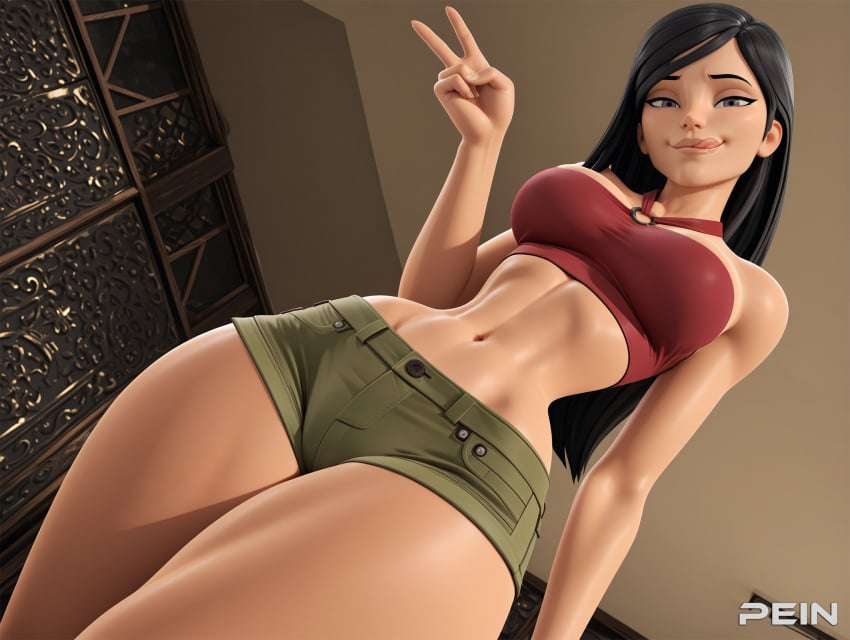 1girls :q abs ai_generated bare_shoulders black_hair blood breasts crop_top from_below green_shorts halterneck heather_(tdi) indoors licking_lips long_hair looking_at_viewer medium_breasts midriff navel nosebleed o-ring pein short_shorts shorts smile solo stable_diffusion thighs toned tongue tongue_out total_drama_island v