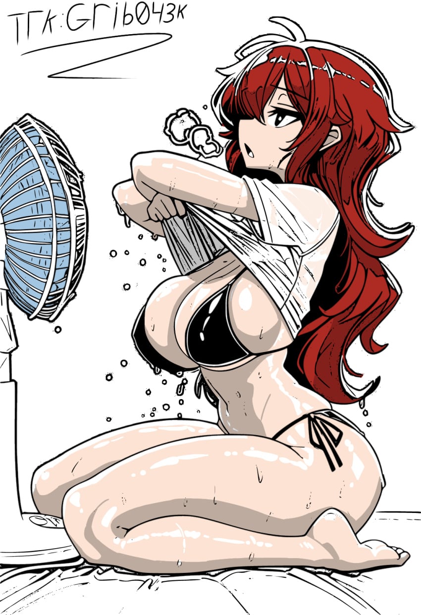 1girl auburn_hair barefoot bikini black_bikini black_eyes breasts cleavage clothes_lift electric_fan fnf friday_night_funkin from_side girlfriend_(friday_night_funkin) gribo4ek hot large_breasts long_hair navel open_mouth red_hair shirt shirt_lift side-tie_bikini_bottom simple_background sitting solo swimsuit undressing wariza wet wet_clothes wet_shirt white_background white_shirt