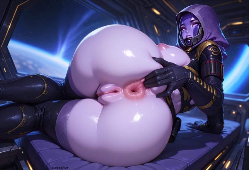 1girls ai_generated alien anus ass ass_focus darkeffect female female_focus female_only looking_at_viewer looking_back mass_effect purple_skin pussy solo solo_female solo_focus space spacecraft spaceship tali'zorah_nar_rayya
