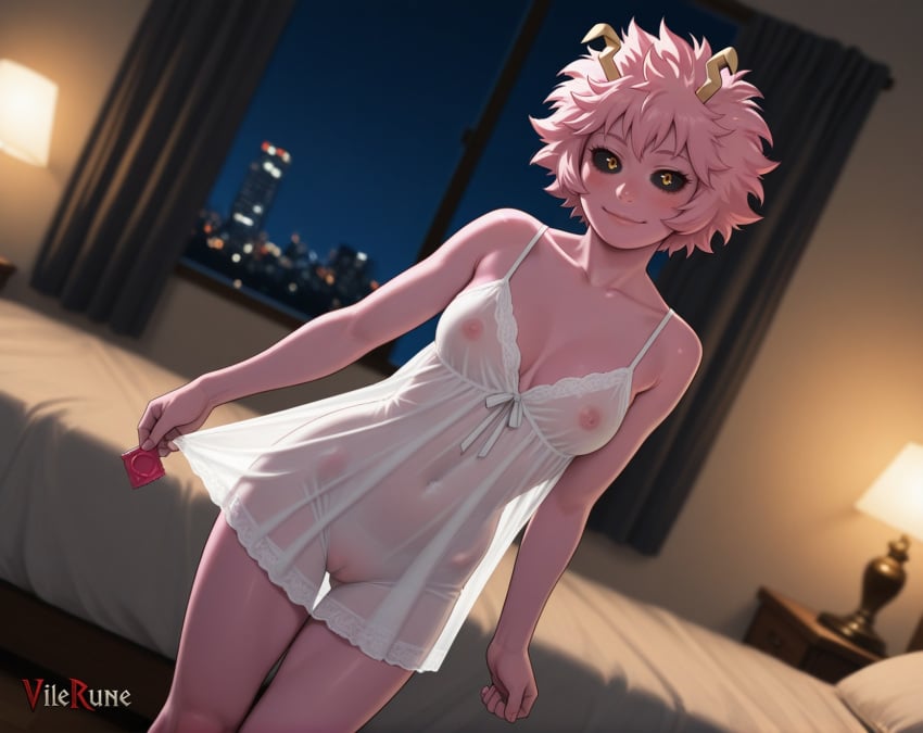 ai_generated ashido_mina blush boku_no_hero_academia condom_wrapper dutch_angle holding_condom my_hero_academia night nightgown pink_hair pink_skin pussy seductive see-through_clothing