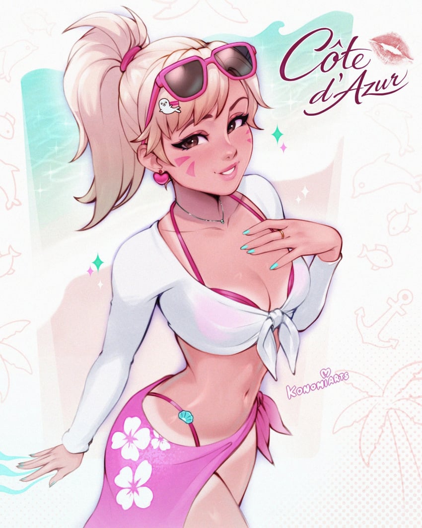 1girl absurd_res aqua_nails artist_name beach bikini bikini_tan bikini_under_clothes blonde_hair breasts brown_eyes cleavage collarbone commentary cowboy_shot cropped_shirt d.va earings english_commentary english_text eyeliner eyeshadow eyewear_on_head facepaint facial_mark floral_print from_above from_side front-tie_top gold_ring hair_ornament hair_tie halterneck hand_on_chest hand_on_own_chest hand_up heart heart_earrings highleg highleg_bikini highres jewelry konomidraw light_blush lipstick_mark long_hair long_sleeves looking_at_viewer looking_to_the_side makeup medium_breasts nail_polish navel necklace overwatch parted_lips patterned_background pink-framed_eyewear pink_sarong ponytail red_bikini sarong shell shirt smile solo sparkle standing stomach sunglasses swept_bangs swimsuit tan tanline teeth thighhighs unworn_eyewear whisker_markings white_shirt
