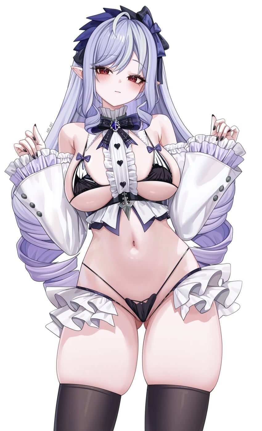 1girls abpart ass_visible_through_thighs blush breasts drill_hair elf elf_female elf_girl female_focus female_only highleg highleg_panties large_breasts long_hair looking_at_viewer mole mole_under_eye painted_fingernails painted_nails panties pointy_ears purple_hair red_eyes revealing_clothes simple_background solo solo_female thighhighs vivian_banshee white_background zenless_zone_zero
