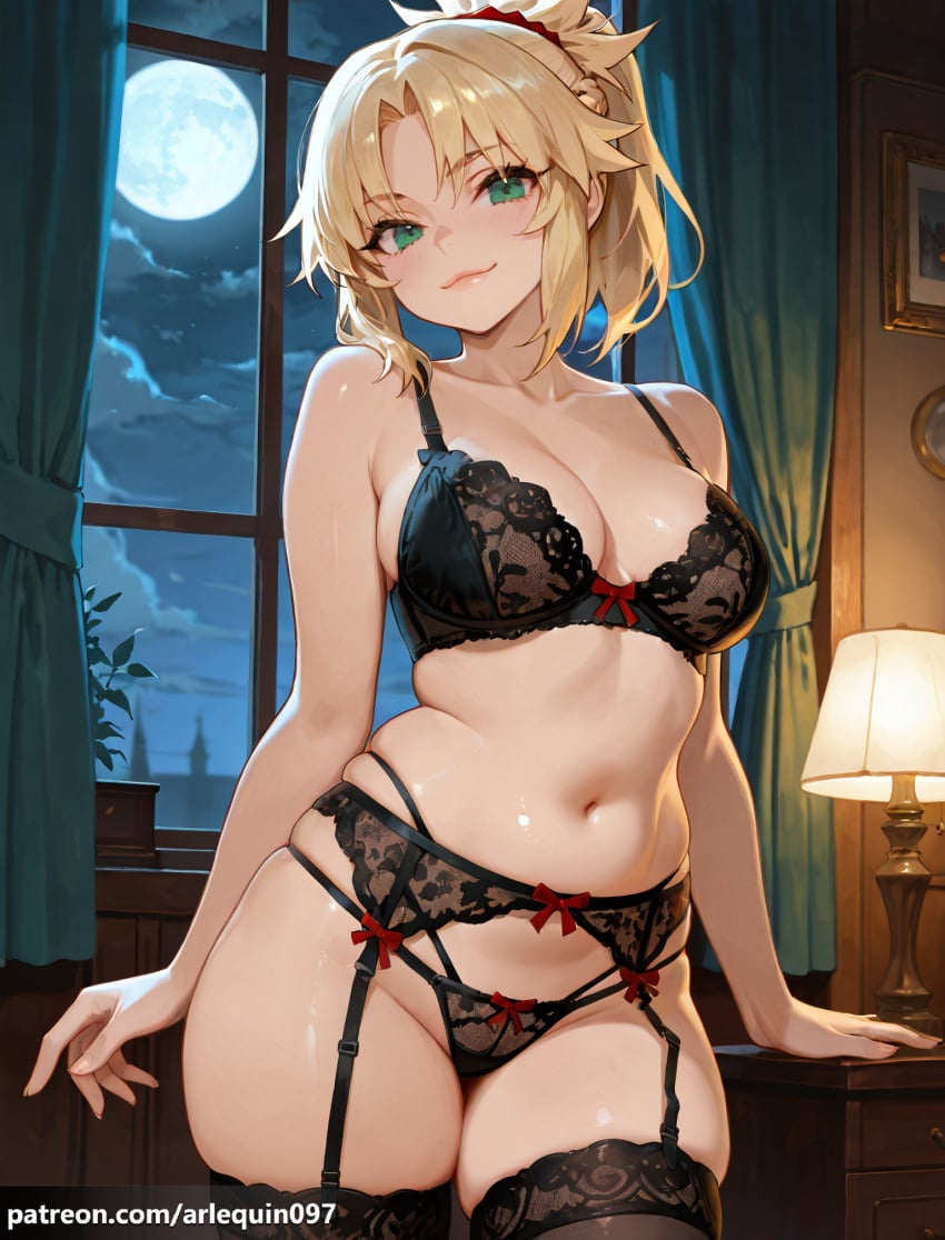 1girl ai_generated alternate_breast_size arlequin097 bare_arms bare_shoulders black_bra black_garter_belt black_panties black_thighhighs blonde_hair blush bow bow_bra bow_panties bra braid breasts cleavage closed_mouth cloud collarbone cowboy_shot curtains fate/grand_order fate_(series) french_braid full_moon garter_belt green_eyes groin hair_ornament hair_scrunchie highleg highleg_panties indoors lace-trimmed_bra lace-trimmed_legwear lace_trim lamp large_breasts lingerie lips long_hair looking_at_viewer medium_breasts moon mordred_(fate) multi-strapped_panties navel night night_sky panties parted_bangs ponytail red_scrunchie scrunchie sidelocks skindentation sky smile solo stomach string_panties thighhighs thighs underwear underwear_only window