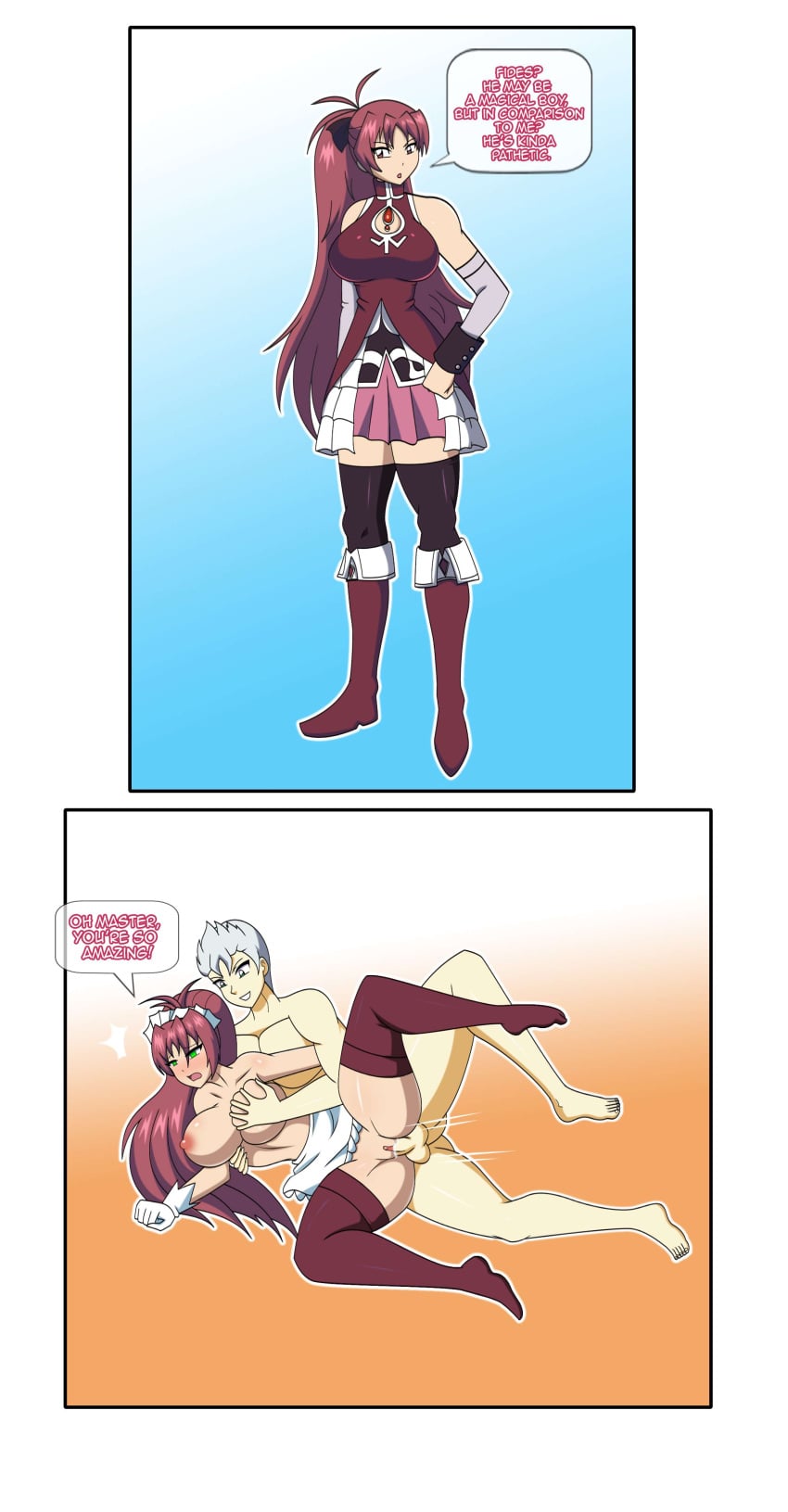 2_panel_comic apron blush breast_grab breasts cleavage_cutout detached_cuffs detached_sleeves dlobo777 empty_eyes femsub fides_brunel gloves green_eyes hypnosis knee_boots large_breasts long_hair lying_on_side mahou_shoujo_madoka_magica maid maid_headdress maledom mind_control oc original ponytail red_eyes red_hair ribbon sakura_kyouko silver_hair simple_background skirt text thighhighs thighs