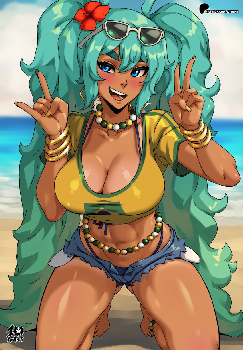 1girls 2026 beach big_breasts blue_eyes blue_hair blush brazilian brazilian_female brazilian_miku clothed clothed_female clothing female female_only flower flower_in_hair hatsune_miku kyoffie looking_at_viewer six_pack tagme tan-skinned_female tan_body tan_skin tanned-skinned_female tanned_female vocaloid watermark