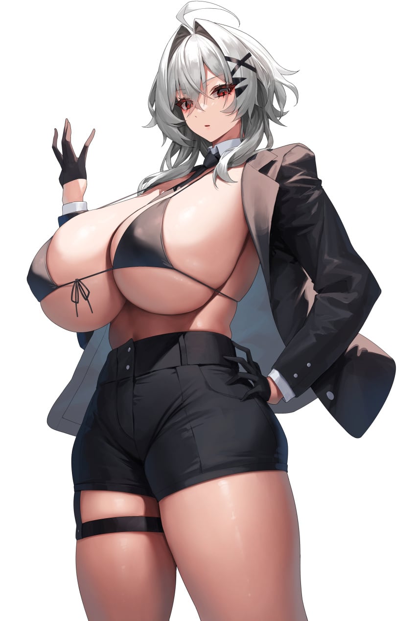 1girls absurd_res between_breasts big_breasts bikini black_bikini black_gloves black_jacket black_necktie black_skirt breasts breasts_bigger_than_head clothes_between_breasts detached_collar gloves grey_hair hair_between_eyes hand_on_hip hand_on_own_hip highres huge_breasts jacket looking_at_viewer medium_hair necktie necktie_between_breasts open_clothes open_jacket original red_eyes simple_background skirt solo solo_female solo_focus standing strap_gap swimsuit thick_thighs thigh_strap thighs white_background yamanokami_eaka