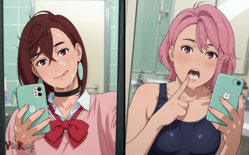 :q after_fellatio ai_generated ayase_momo blush cum cum_in_mouth cum_on_face dandadan earrings facial head_tilt holding_phone mirror mirror_selfie momo_ayase one-piece_swimsuit selfie shiratori_aira_(dandadan) swimsuit